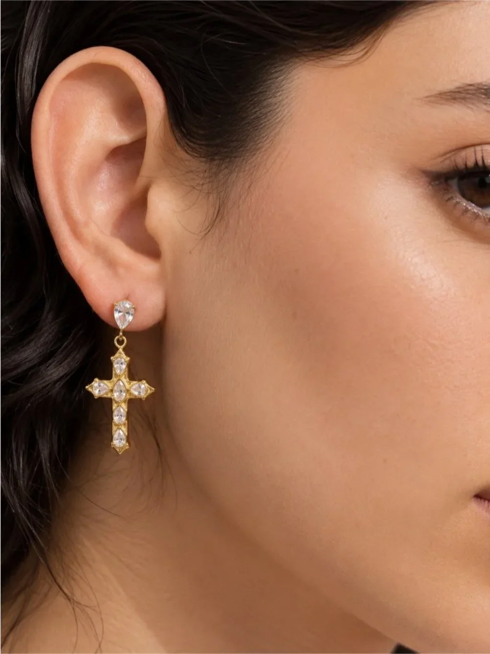 18 K plated Gold Cross Drop Earrings with Clear Stones